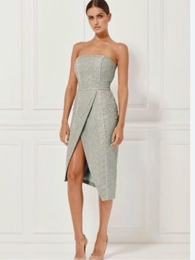 Misha 6 Olivia strapless asymmetrical grey lace cocktail event party midi dress